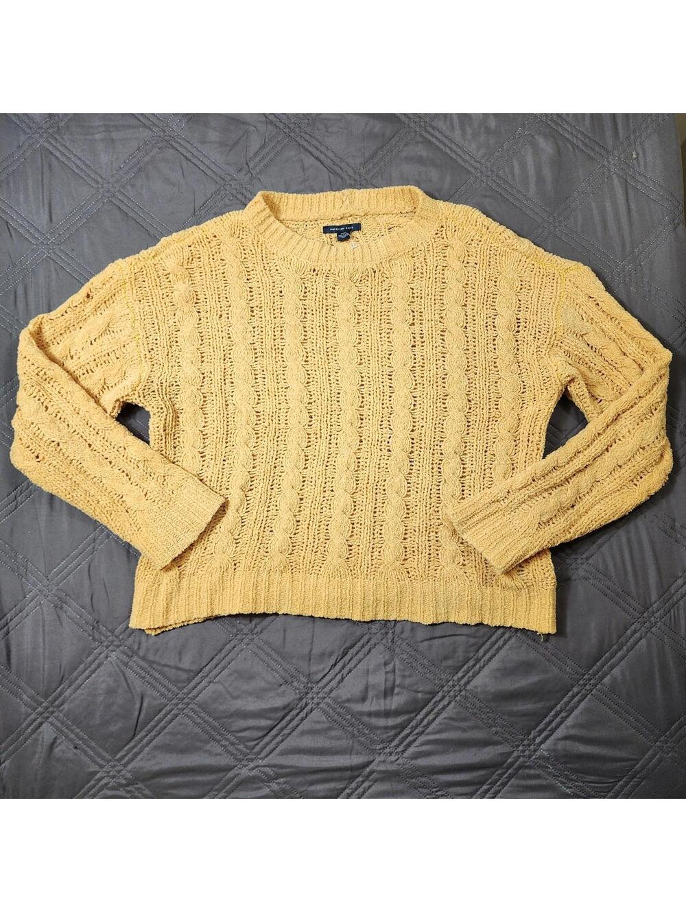 American Eagle Small Mustard Yellow Chenille Crewneck Sheer Cable Knit Sweater